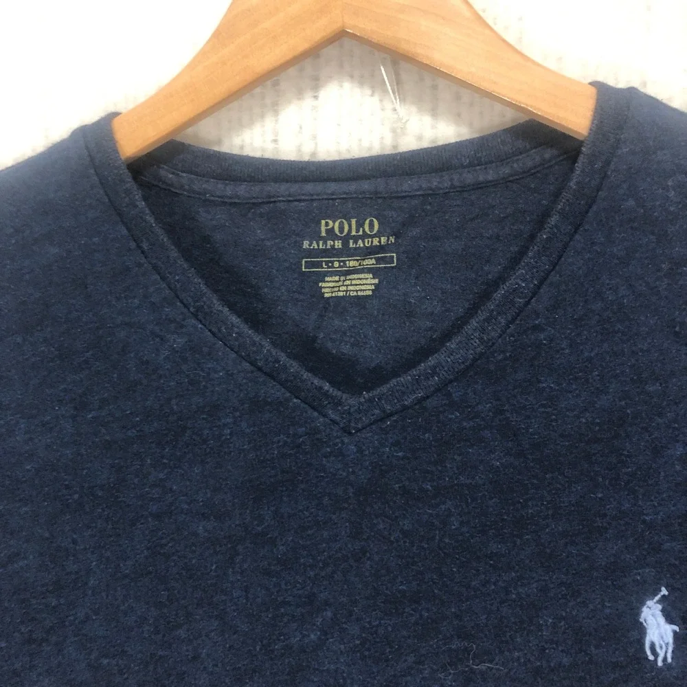 Polo Ralph Lauren Mens V-Neck T-Shirt Navy Blue Heathered Pony Logo Large L